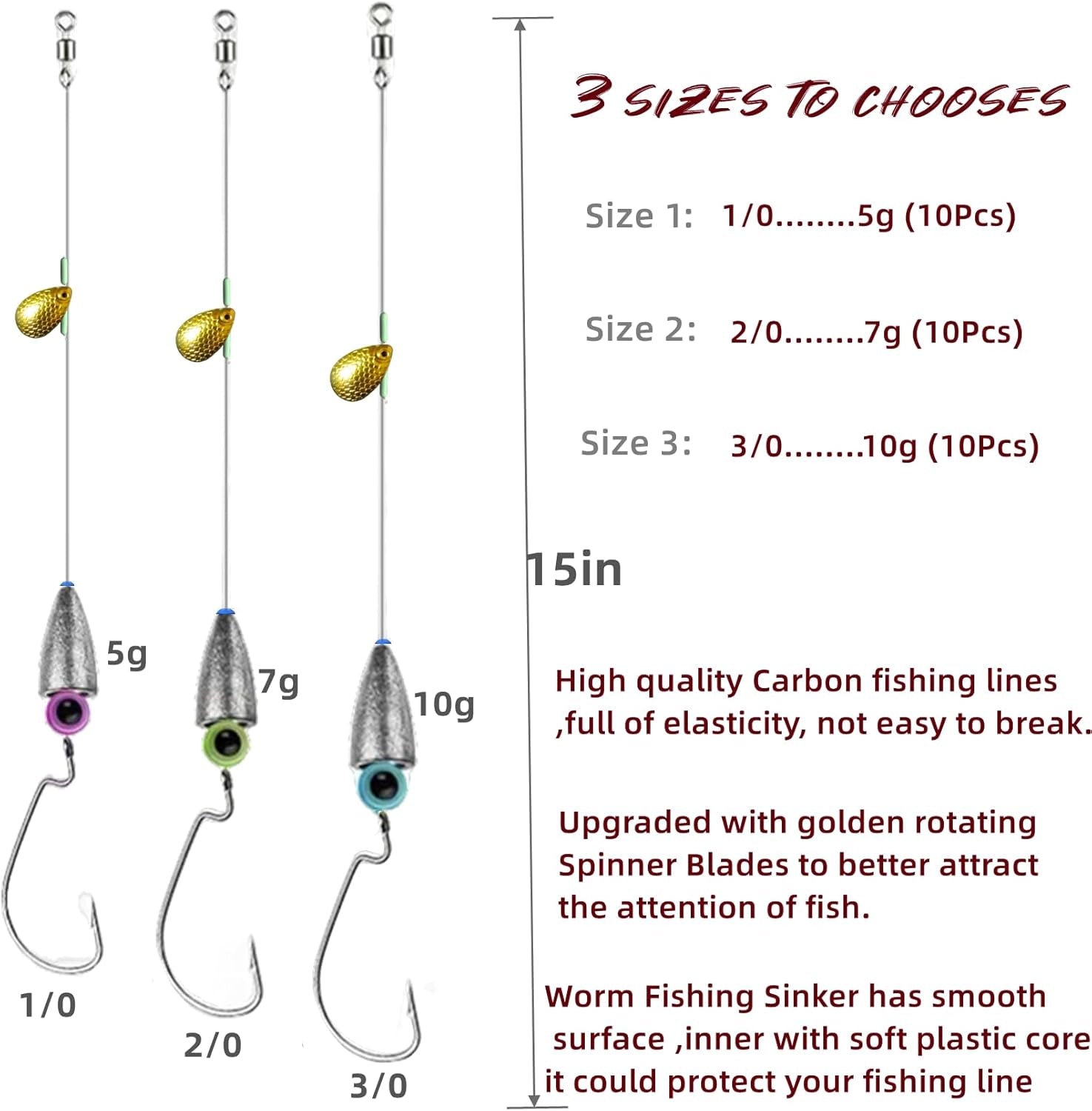 10Pcs Fishing Bullet Weights Texas Rigs Ready Kit,Worms, Sinker (10G/7G/5G), Worm Hooks, Carbon Line,Spinner Blades，Eye Beads Bait, Fishing Bass Rig Saltwater Freshwater
