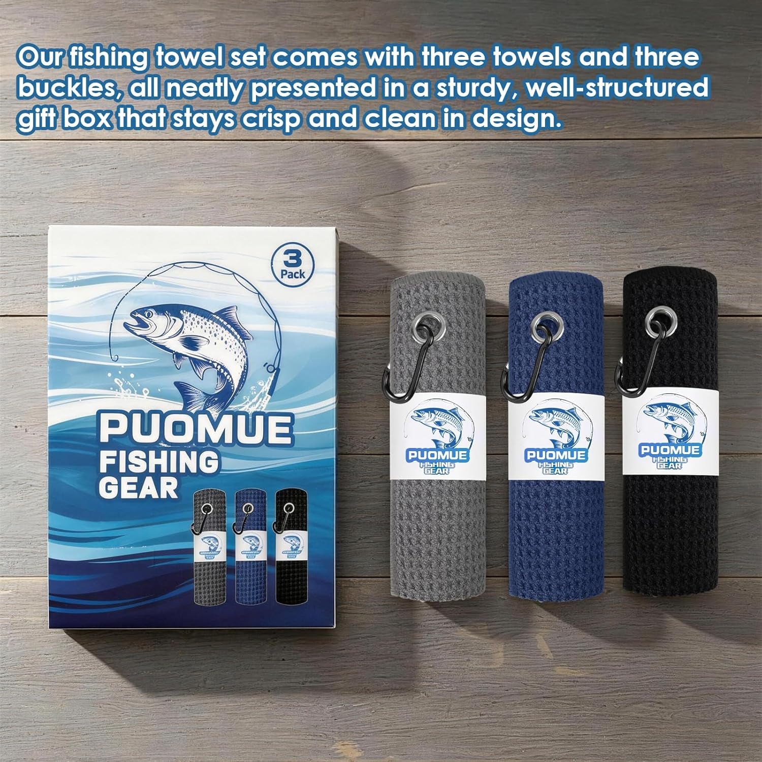 3 Pack Microfiber Fishing Towels with Clip, 16" X 16", Waffle Pattern for Effective Cleaning of Fishing Gears or Dirty Hands, Perfect for Camping Towels and Hiking Towles