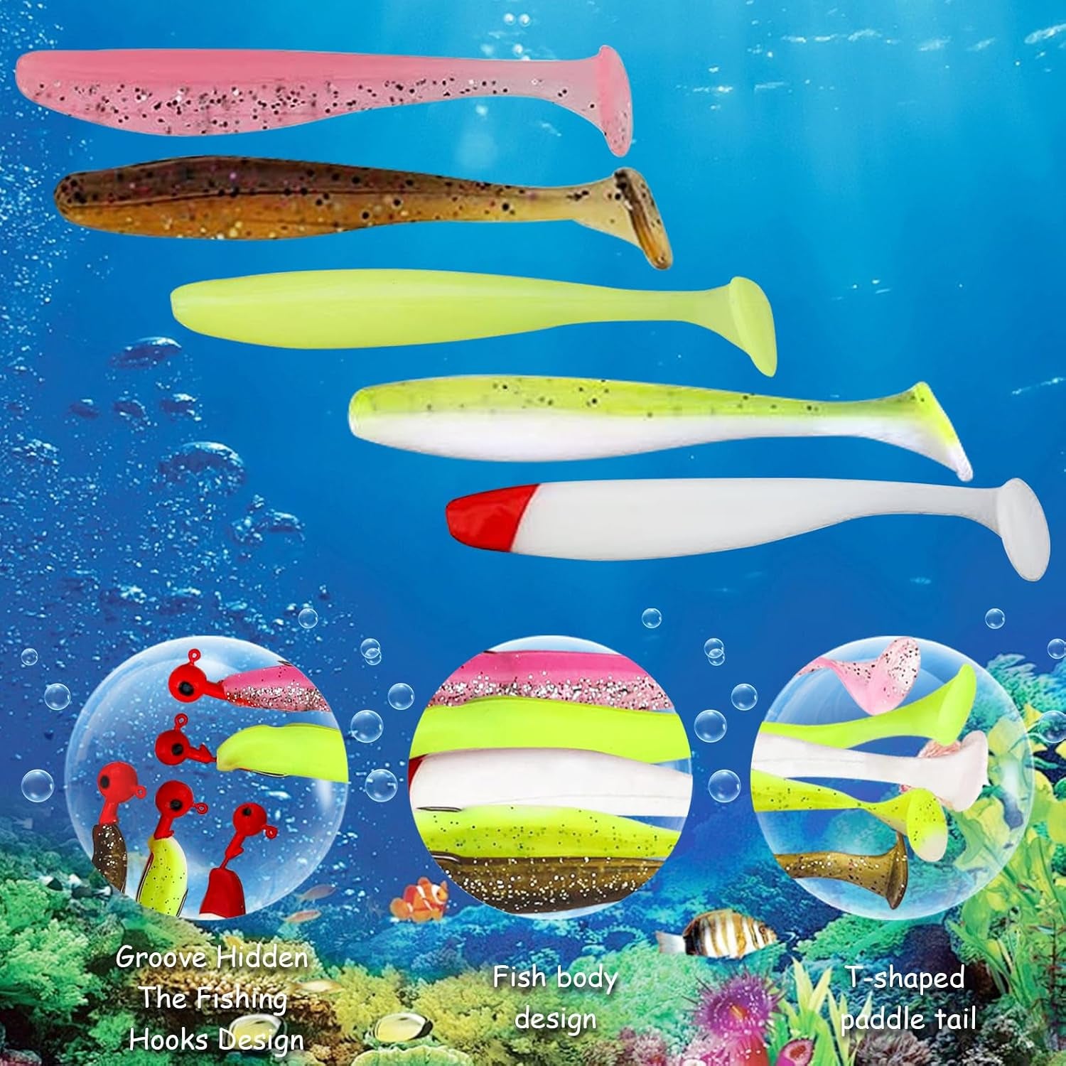 50Pcs Soft Fishing Lures, Plastic Fishing Baits & Tackle Box, Paddle Tail Swimbaits Soft Plastic Lures Kit for Bass Trout Walleye Crappie