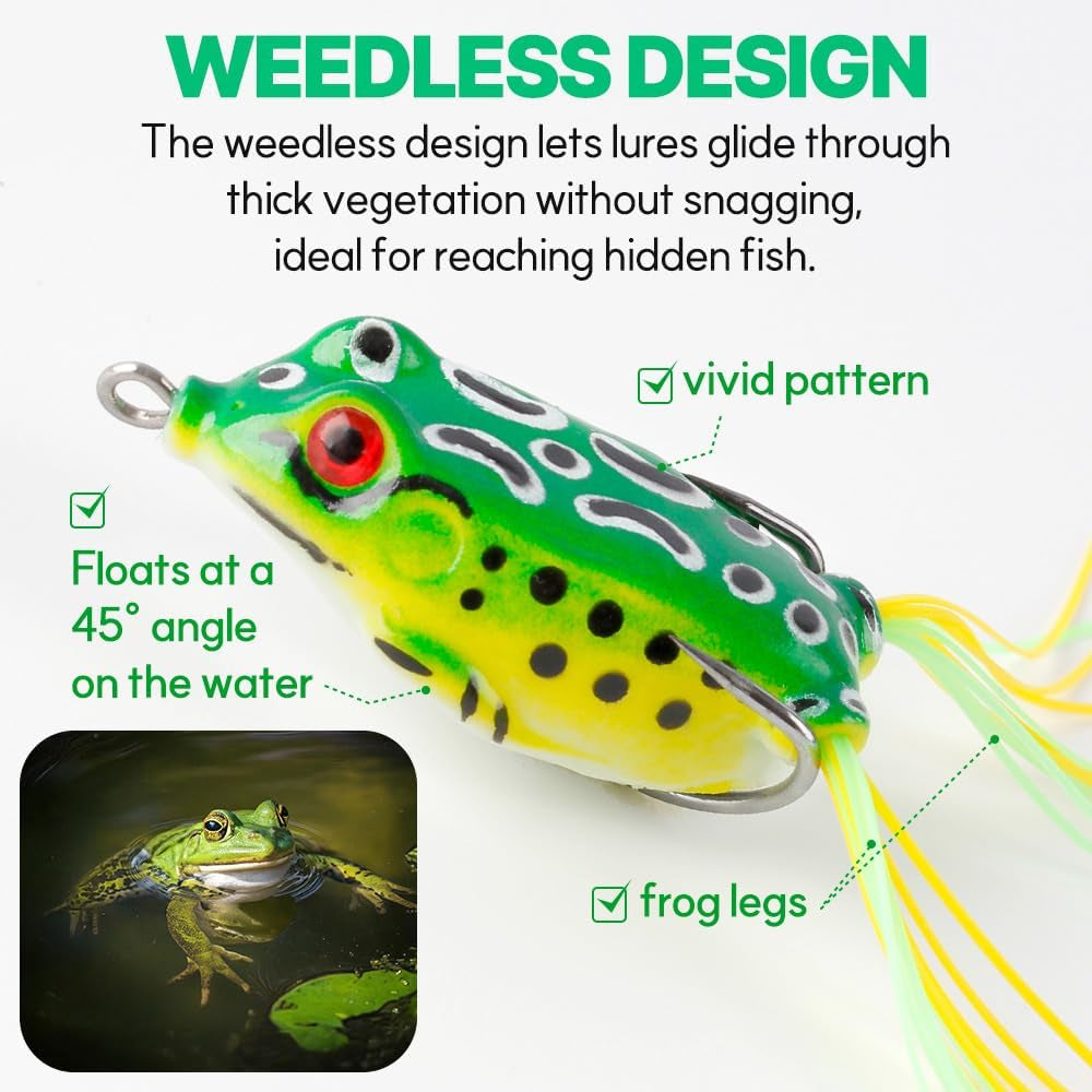 Topwater Frog Lures for Bass Fishing, 5 Pack Soft Hollow Body Weedless Frog Bait, Realistic Swimming Action, High Hookup, Crankbait for Freshwater Fishing, Includes Tackle Box