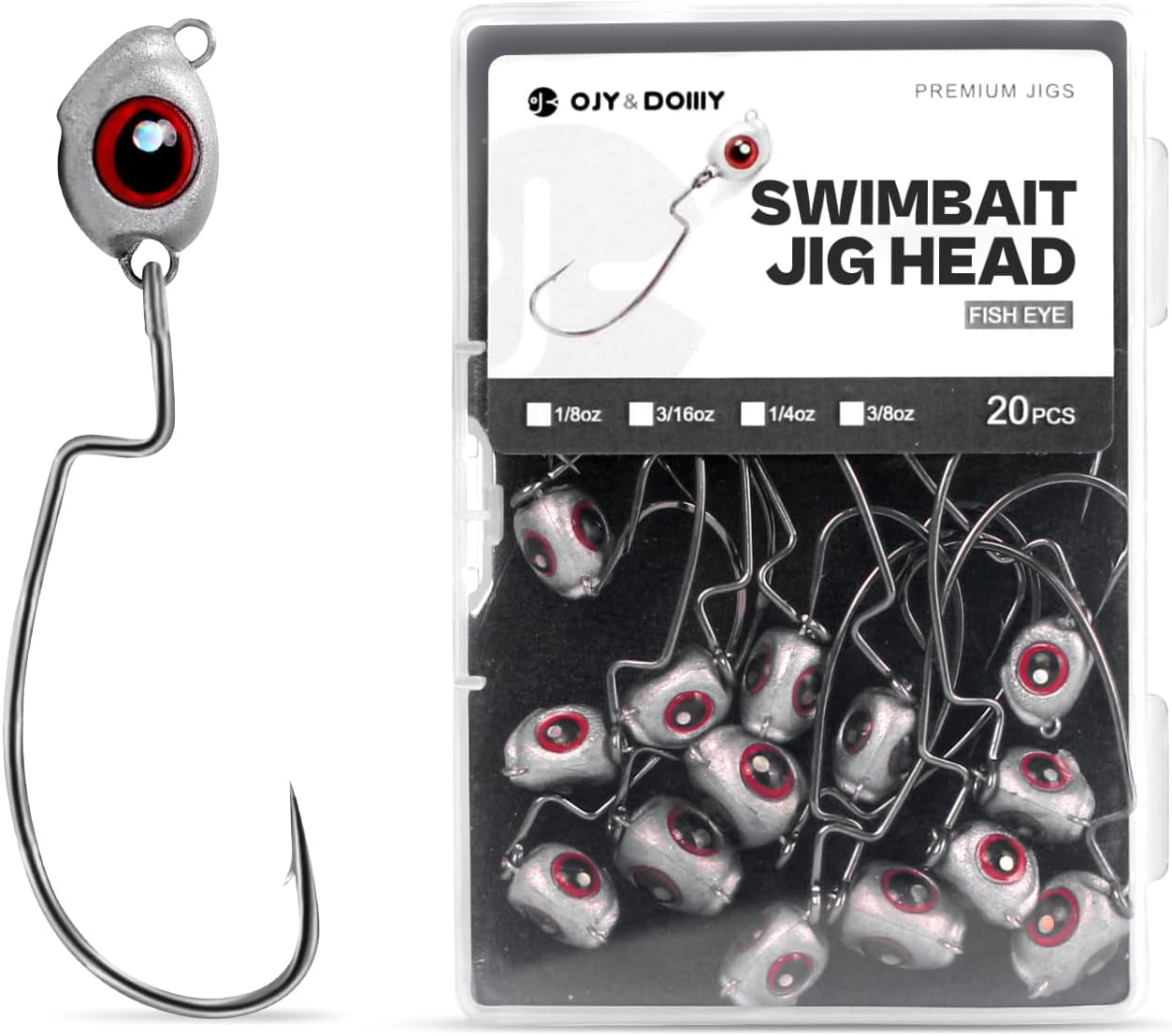 OJY&DOIIIY Fish Eye Swimbait Jig Heads, 12/20 Pack Weighted Hooks for Texas Rig or Ned Rig Fishing 1/8 3/16 1/4 3/8 Oz