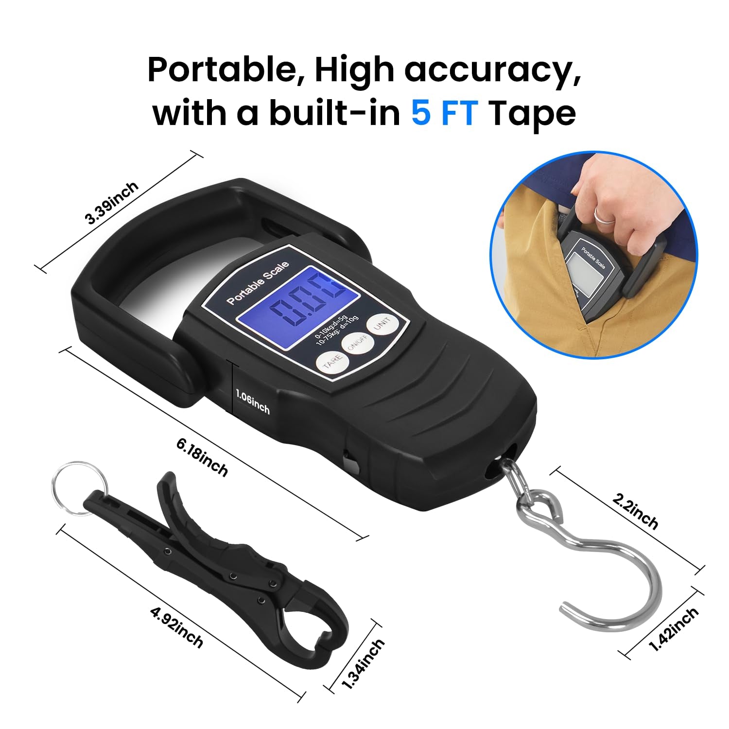 Digital Fish Scale, 75KG （165LB） Professional Fishing Scale Luggage Scale & Fish Lip Gripper Set with 5FT Tape Measure (With a Lip Gripper)