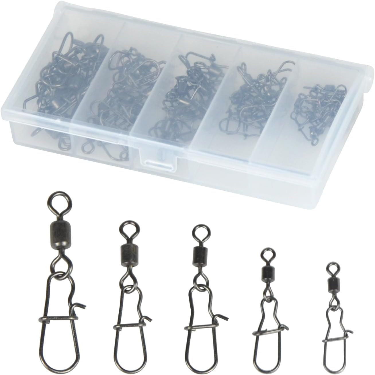 50 Pack Fishing Swivels, 5 Sizes Barrel Swivels with Snaps for Fishing Tackle Accessories