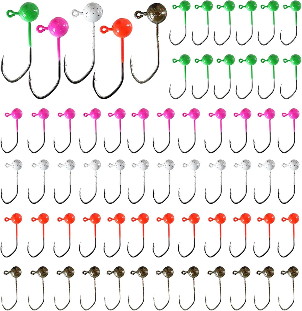 Fly Tying Jigs Kit,60Pcs Small Jig Heads for Fly Fishing,Round Ball Crappie Jigs Trout Tying Flies Ice Fishing 1/64Oz 1/32Oz 1/28Oz 1/16Oz