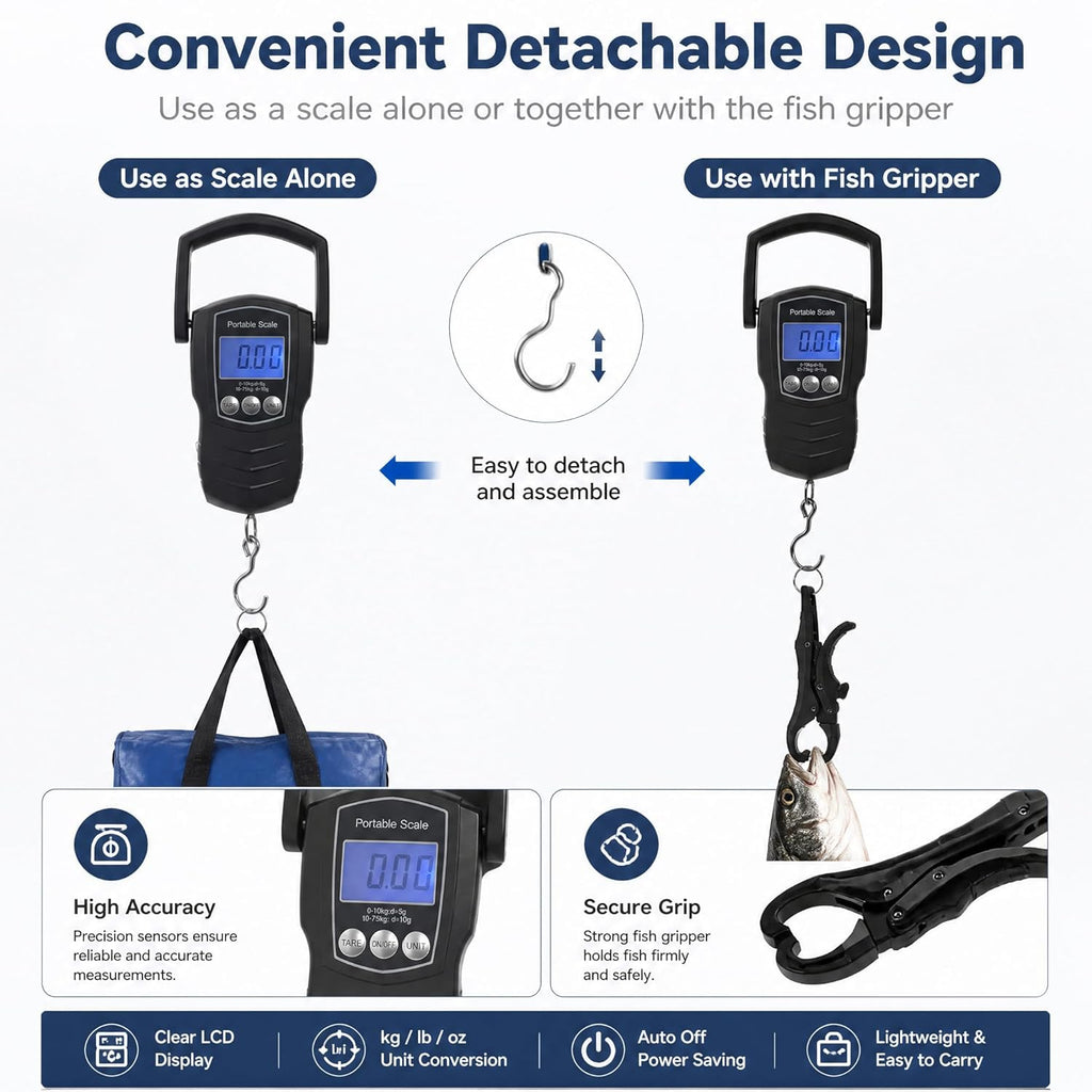 Digital Fish Scale, 75KG （165LB） Professional Fishing Scale Luggage Scale & Fish Lip Gripper Set with 5FT Tape Measure (With a Lip Gripper)