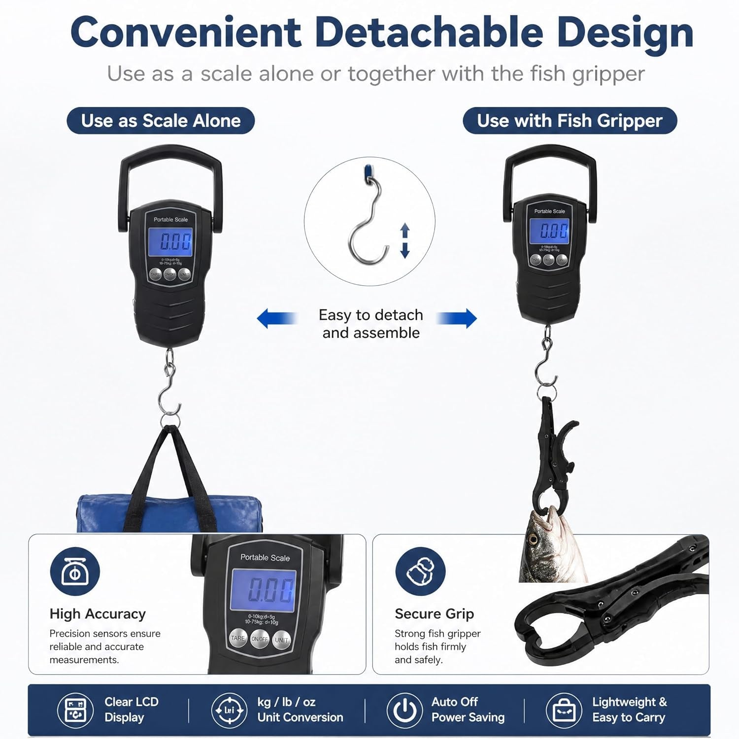 Digital Fish Scale, 75KG （165LB） Professional Fishing Scale Luggage Scale & Fish Lip Gripper Set with 5FT Tape Measure (With a Lip Gripper)