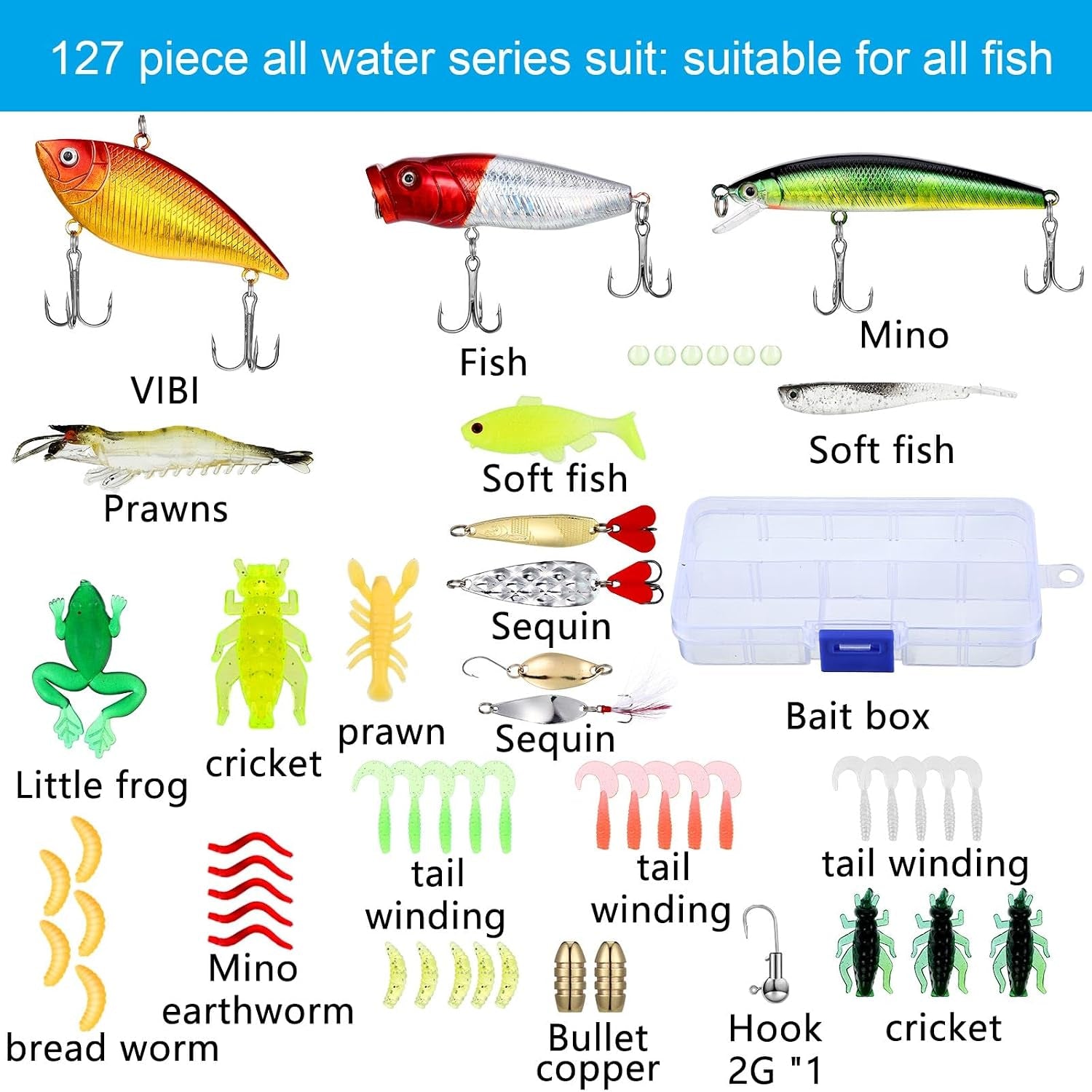 134 Pcs Fishing Tool Kit Fishing Gear and Equipment Fishing Pliers Kit Fish Hook Remover Tool Fishing Lip Gripper Set Fishing Lures Baits Tackle Accessories (Blue, Cute Style)