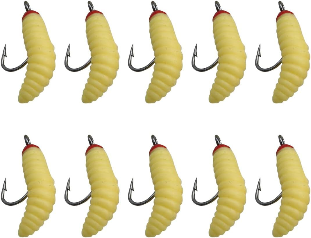 10Pcs Maggots Fishing Bait - Beige Fake Maggots - Soft Bait - Trout, Crappie, Pan Fish Fly Fishing