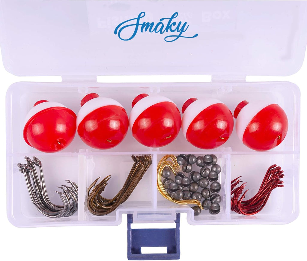 Fishing Tackle Kit Beginners Equipment 80 Pcs-Includes Fishing Hooks Bobbers Circle Octopus Hooks Sinkers| Starter Kit for Artificial and Live Baits (80-Pcs)