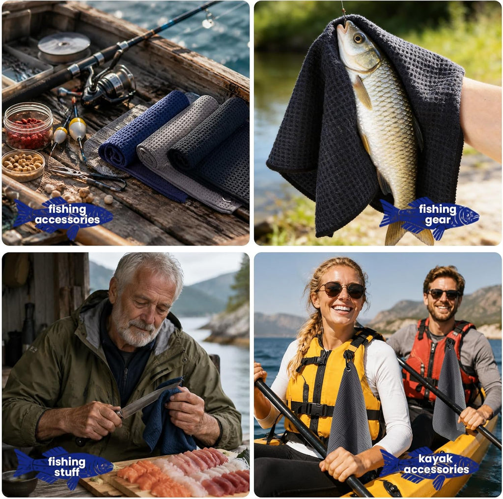 3 Pack Microfiber Fishing Towels with Clip, 16" X 16", Waffle Pattern for Effective Cleaning of Fishing Gears or Dirty Hands, Perfect for Camping Towels and Hiking Towles
