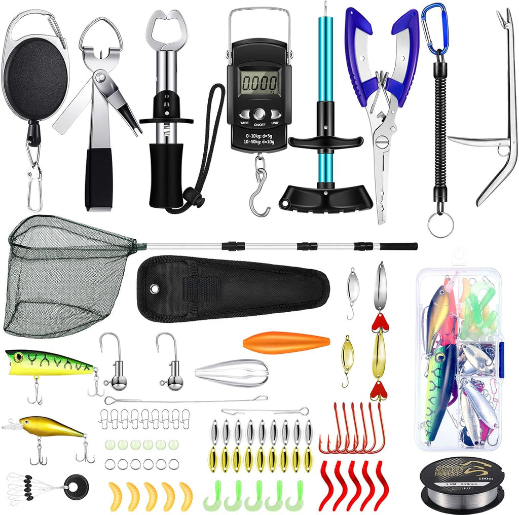 134 Pcs Fishing Tool Kit Fishing Gear and Equipment Fishing Pliers Kit Fish Hook Remover Tool Fishing Lip Gripper Set Fishing Lures Baits Tackle Accessories (Blue, Cute Style)