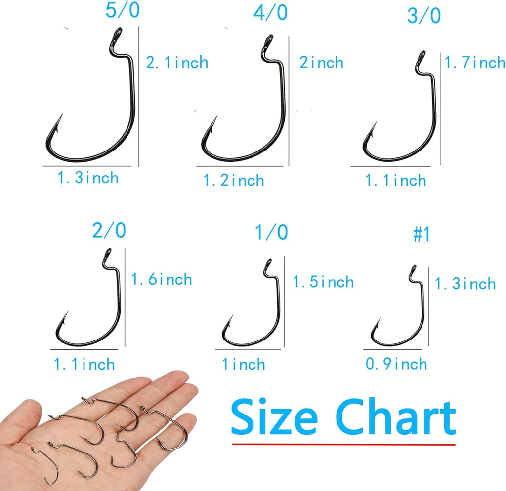 Worm Hooks for Bass Fishing Hooks, 110Pcs Bass Hooks Fishing, 6 Sizes Fishing Hooks Freshwater, Eagle Claw Hooks #1 1/0 2/0 3/0 4/0 5/0 Black High Carbon Steel with Portable Plastic Box