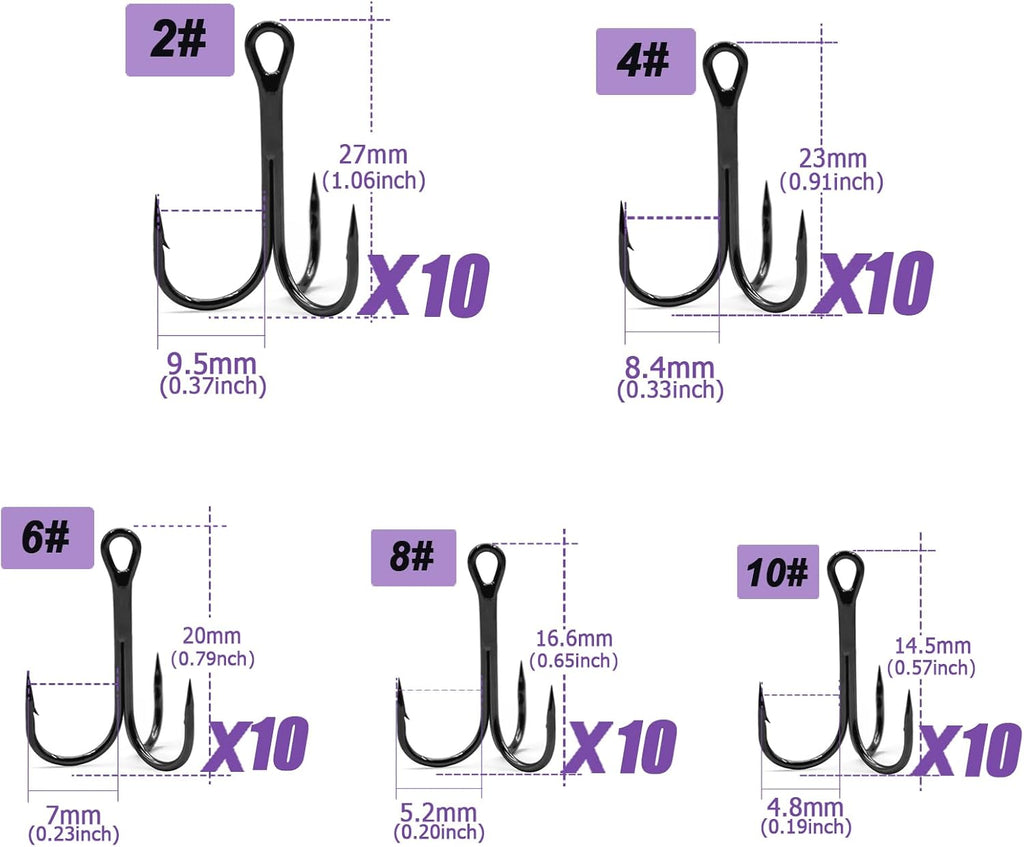 Fishing Treble Hooks Kit - High Carbon Steel 50Pcs Mixed Treble Hooks Size 2/4/6/8/10 | Sharp Fish Hooks for Saltwater & Freshwater Fishing | Durable Fishing Hooks for Lures, Baits