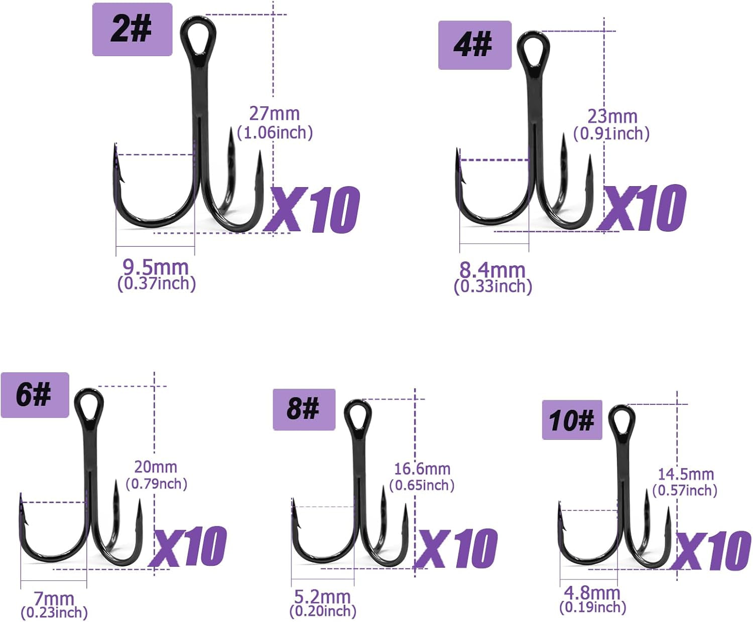 Fishing Treble Hooks Kit - High Carbon Steel 50Pcs Mixed Treble Hooks Size 2/4/6/8/10 | Sharp Fish Hooks for Saltwater & Freshwater Fishing | Durable Fishing Hooks for Lures, Baits