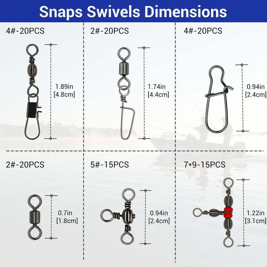 110Pcs Strong Fishing Snap Swivels Kit, Include Rolling Barrel Swivels, Premium 3 Ways Fish Line Connector with Snaps Clips, Fishing Terminal Accessories Tackle Box for Lures Sinkers