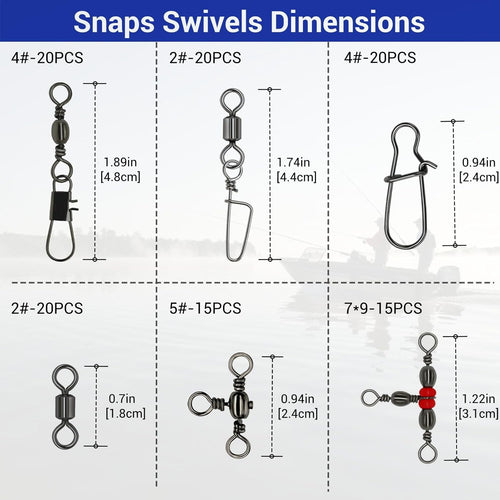110Pcs Strong Fishing Snap Swivels Kit, Include Rolling Barrel Swivels, Premium 3 Ways Fish Line Connector with Snaps Clips, Fishing Terminal Accessories Tackle Box for Lures Sinkers