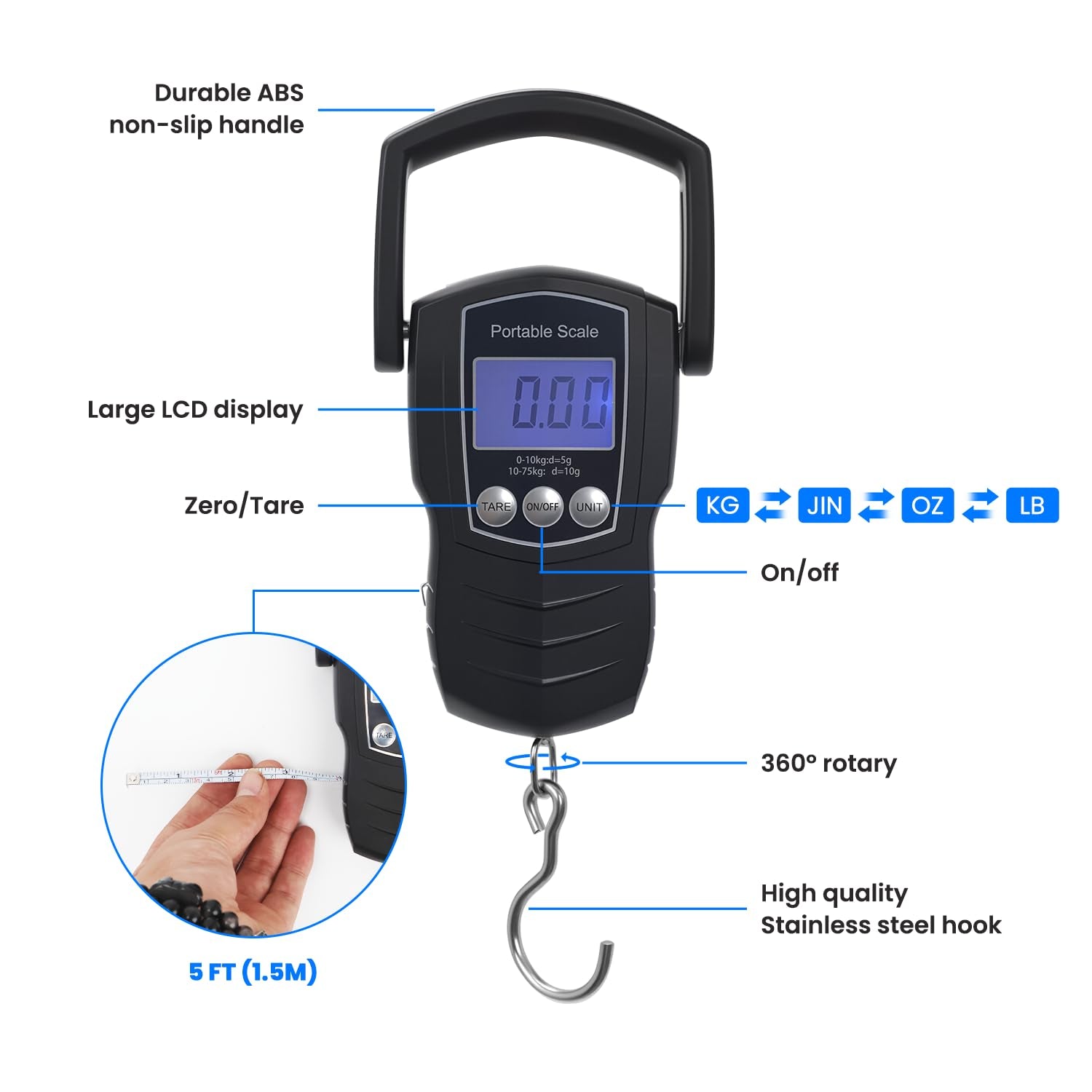 Digital Fish Scale, 75KG （165LB） Professional Fishing Scale Luggage Scale & Fish Lip Gripper Set with 5FT Tape Measure (With a Lip Gripper)