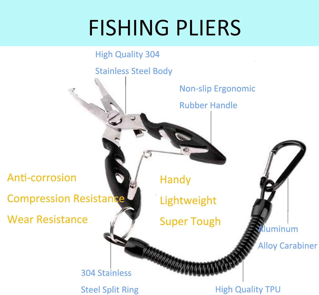 Fishing Pliers, Multi-Function Hook Remover Split Ring Fishing Gears Accessories, Stainless Steel Line Cutter with Sheath and Lanyard Fly Fishing Tools Set