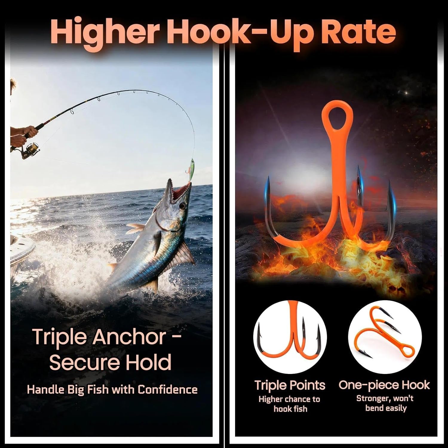 Fishing Treble Hooks, 10Pcs Triple Hooks High Carbon Steel Barbed Sharp, Replacement Hooks on Hard Lures for Freshwater Saltwater