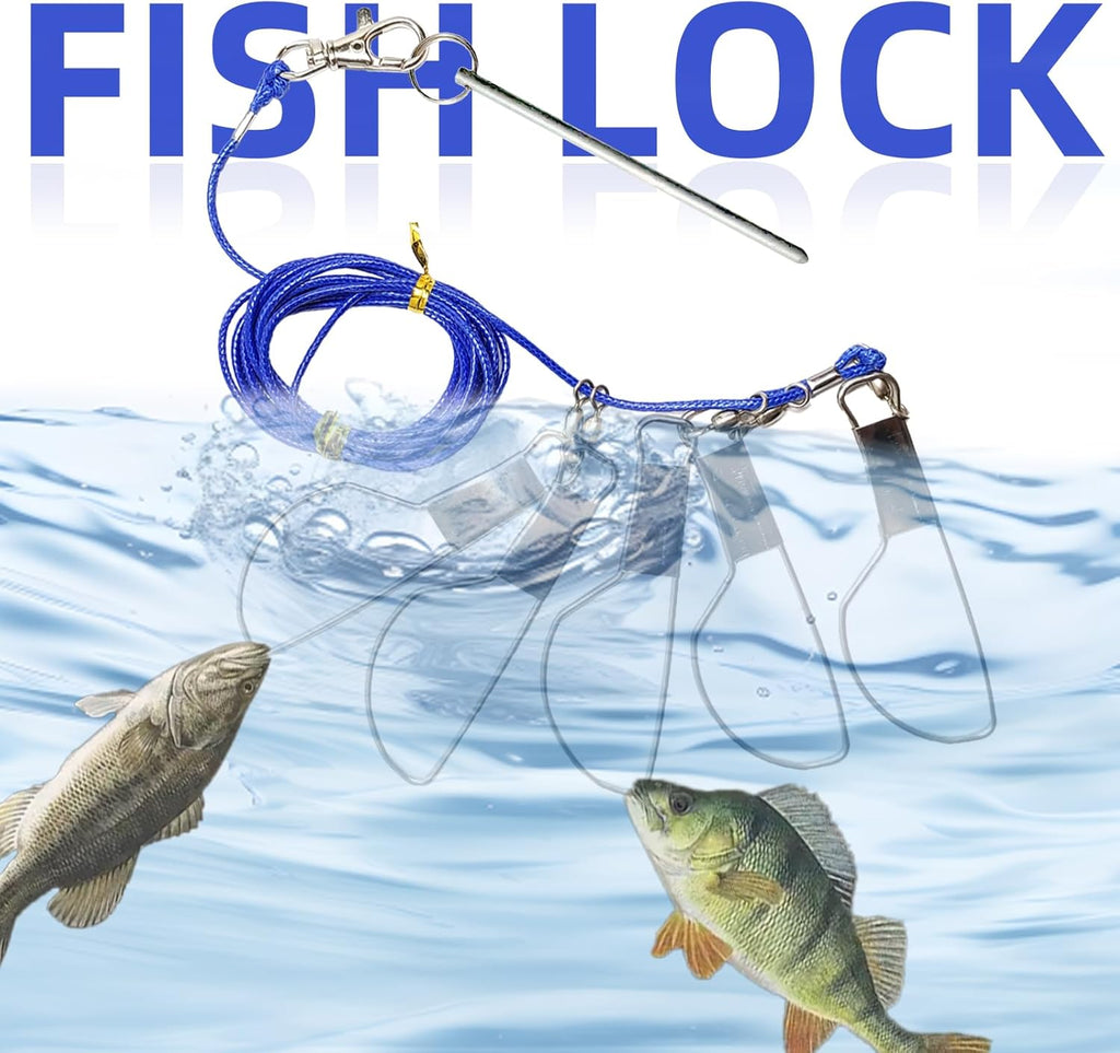 Fish Stringer，Fishing Stringer Set, 16Ft Fish Holder Rope with 8 Rotating Snap Locks and Ground Anchor, Heavy Duty Fish Lock for Trout, Perch, Bass, Saltwater or Freshwater Use