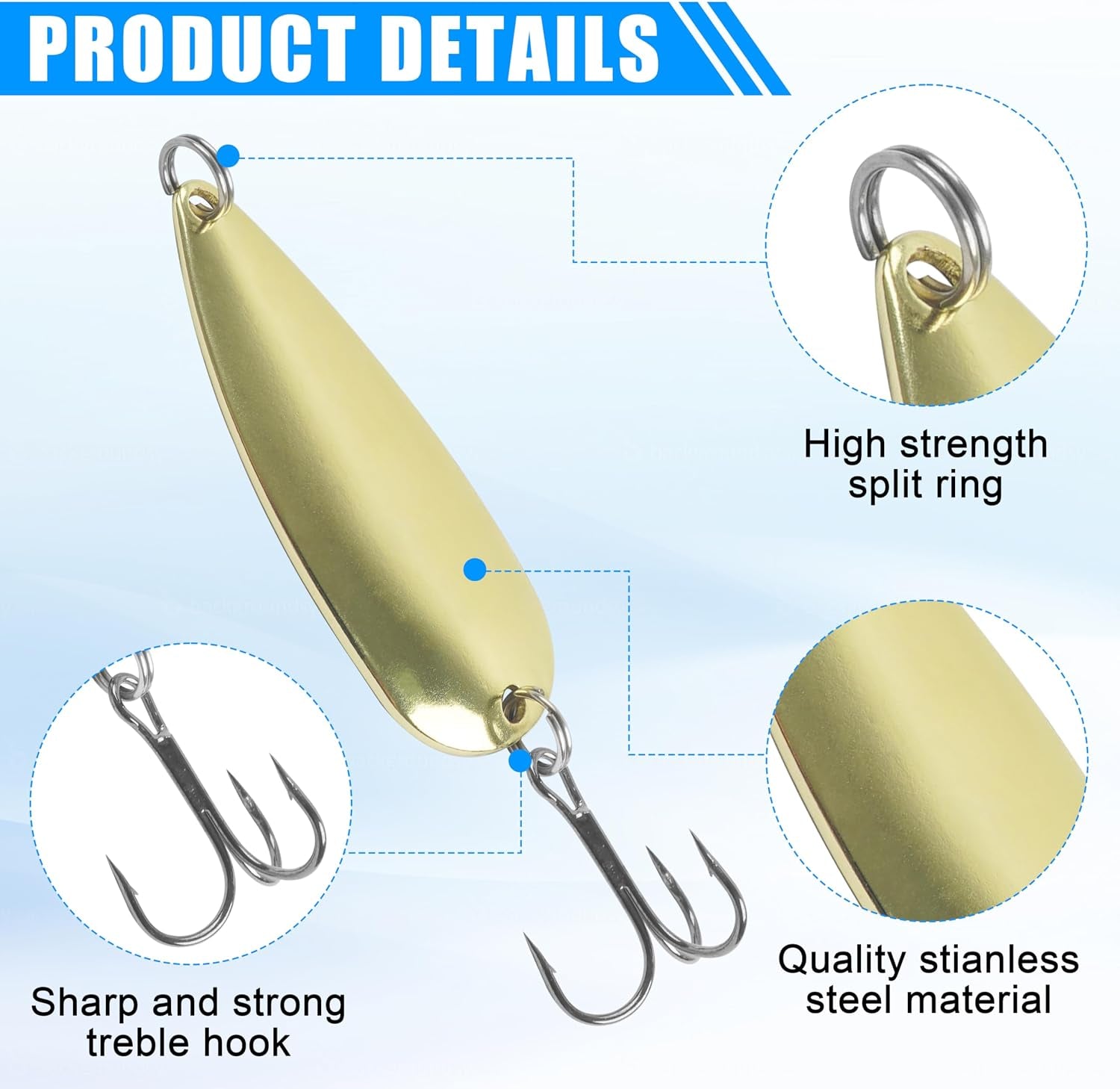 Fishing Spoons Metal Fishing Lures Kit, 5Pcs Gold Metal Jigging Trout Lures Casting Trolling Spoon with with Treble Hooks for Trout Bass Pike Walleye Crappie Bass Salmon
