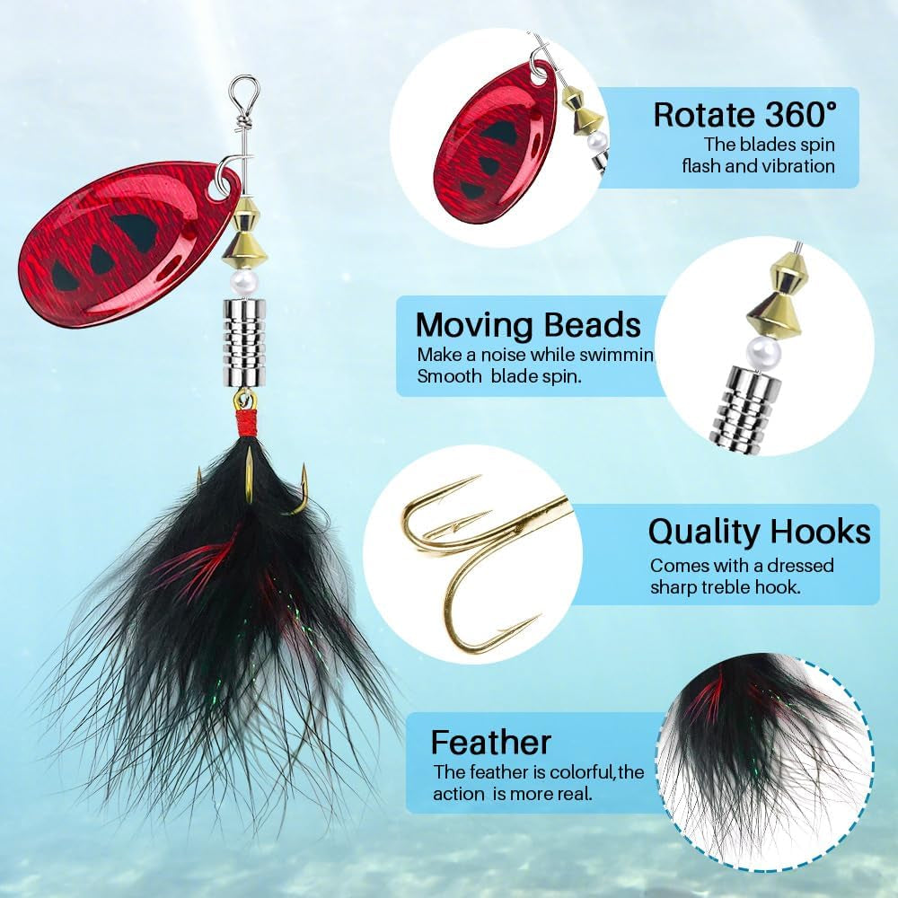 10Pcs Spinner Lures Baits with Tackle Box, Bass Trout Salmon Hard Metal Rooster Tail Fishing Lures Kit