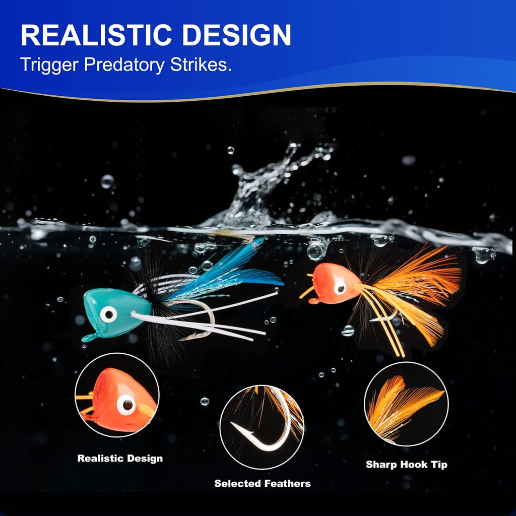 16 Pcs Topwater Fishing Lures Fly Fishing Poppers, 8 Color Popper Lures for Bass Bluegill Crappie Trout Salmon Panfish Perch, Topwater Lures Kit