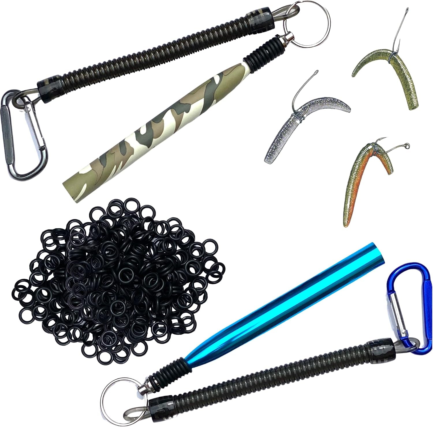 2 Pack Wacky Rig Tool and O Rings (220 or 340Pcs) | Blue + Camouflage Tools for Senkos Stick Bait Neko Ned Finesse Rigging Style Kit Bass Fishing Gear Aluminum Tube (NO Worms or Hooks)