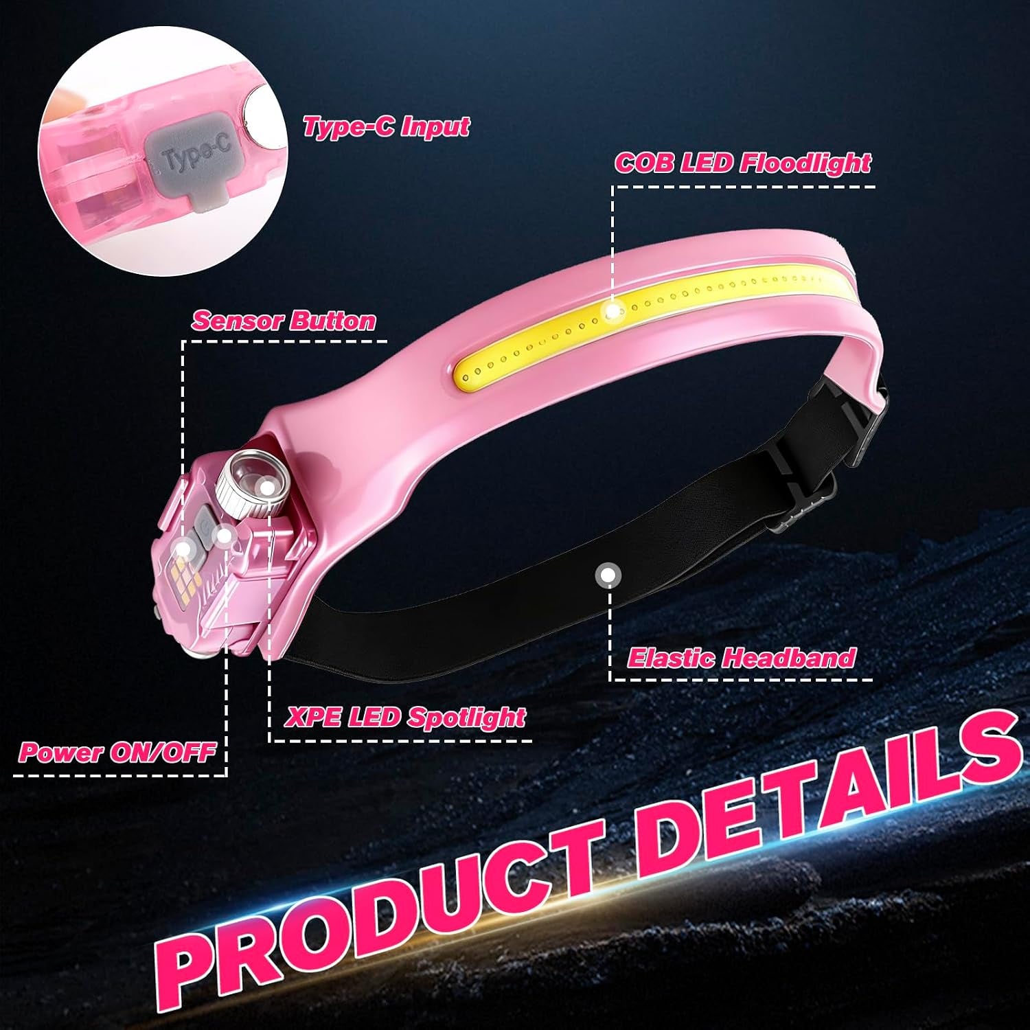 Pink Fishing Tool Set, 9 Modes Rechargeable LED Headlamp, Long Nose Fishing Pliers, Fish Lip Gripper, Night Fishing Gear Kit Fishing Gift for Men Women