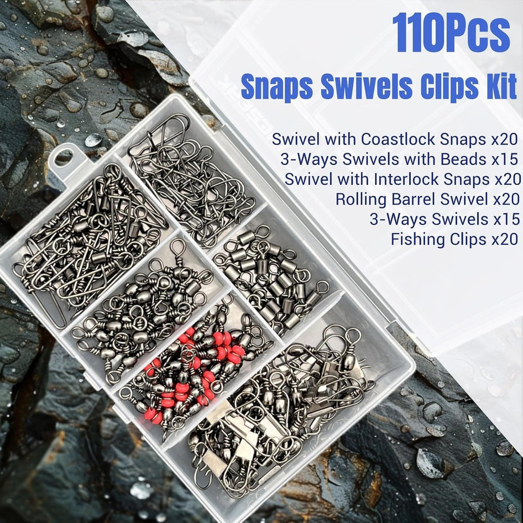 110Pcs Strong Fishing Snap Swivels Kit, Include Rolling Barrel Swivels, Premium 3 Ways Fish Line Connector with Snaps Clips, Fishing Terminal Accessories Tackle Box for Lures Sinkers