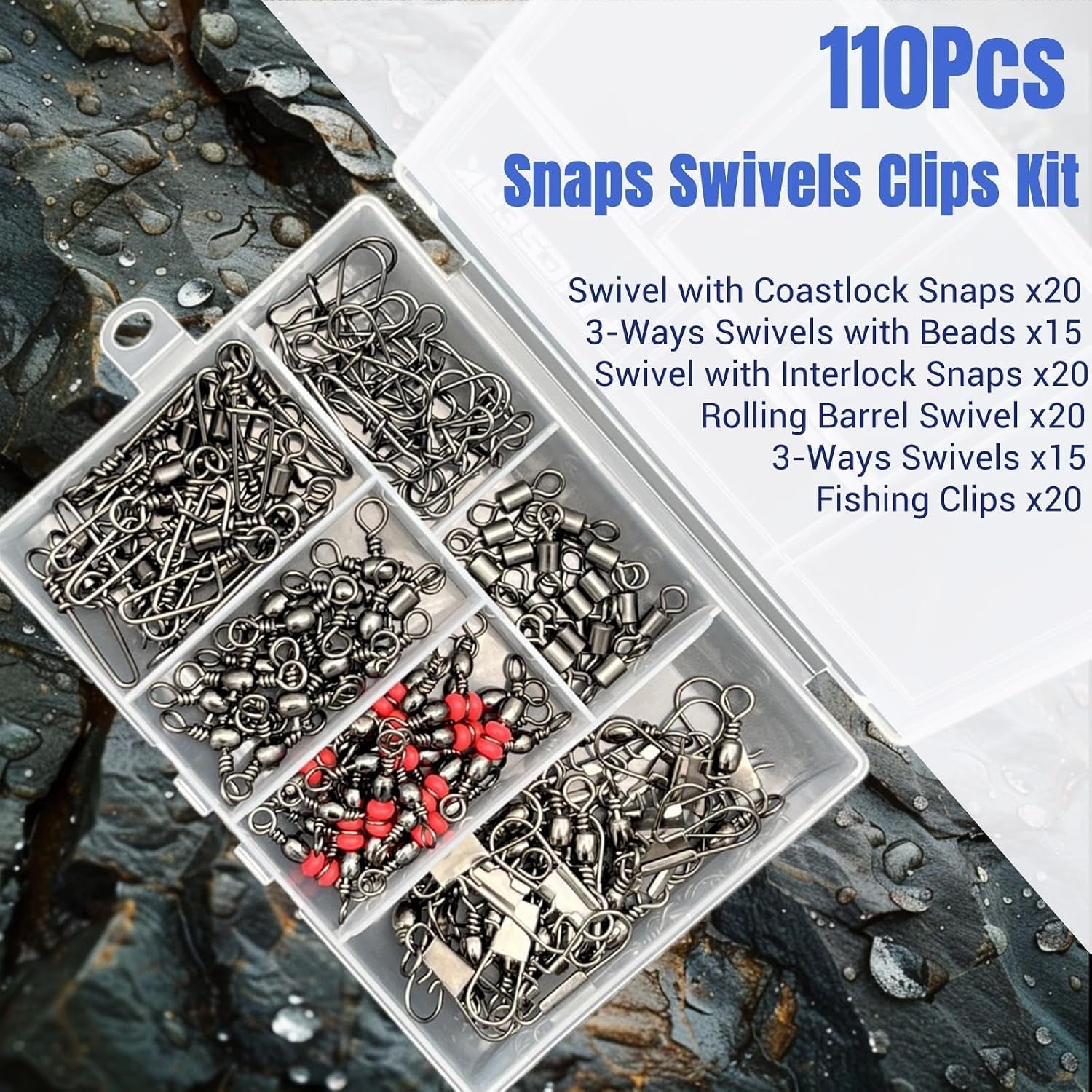 110Pcs Strong Fishing Snap Swivels Kit, Include Rolling Barrel Swivels, Premium 3 Ways Fish Line Connector with Snaps Clips, Fishing Terminal Accessories Tackle Box for Lures Sinkers