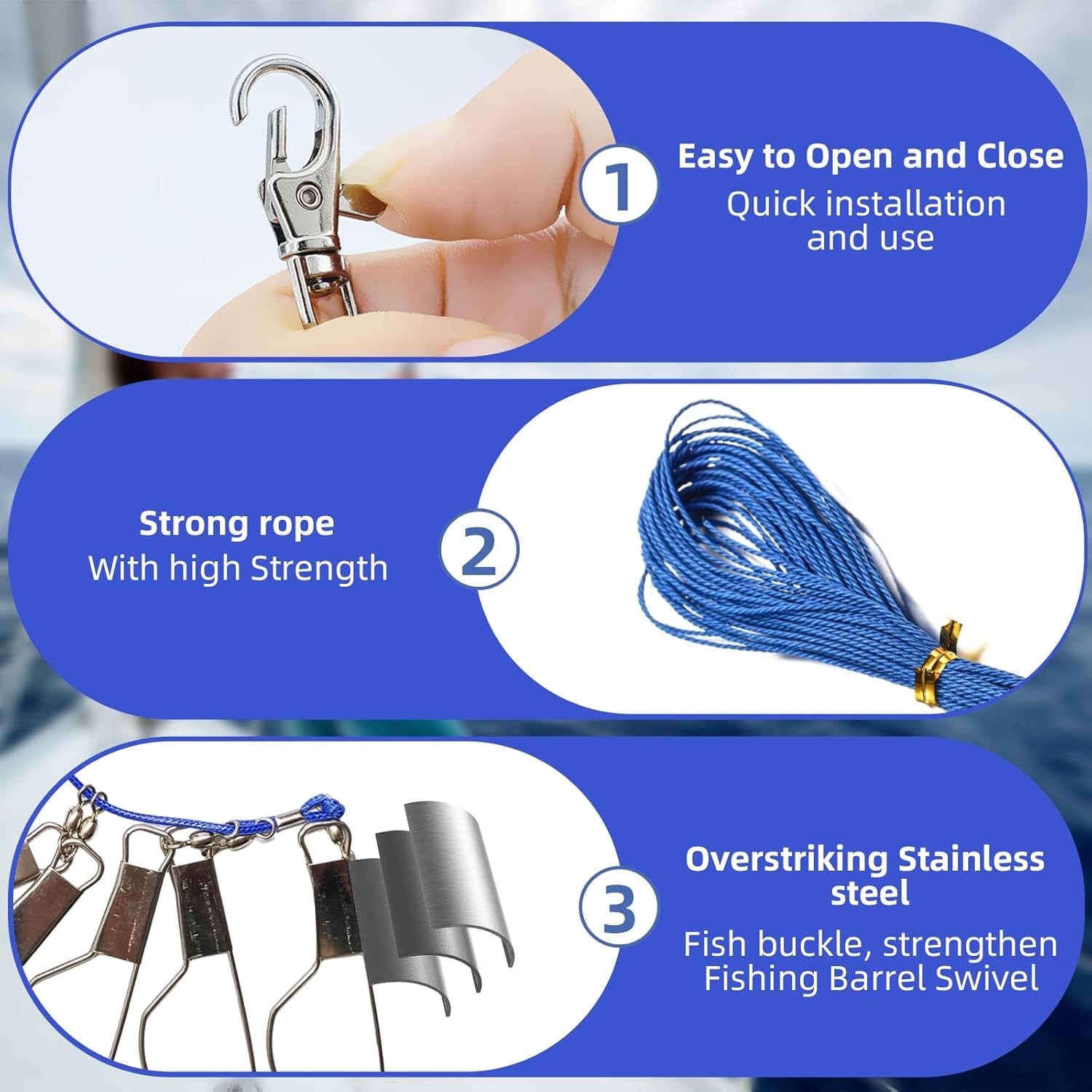 Fish Stringer，Fishing Stringer Set, 16Ft Fish Holder Rope with 8 Rotating Snap Locks and Ground Anchor, Heavy Duty Fish Lock for Trout, Perch, Bass, Saltwater or Freshwater Use