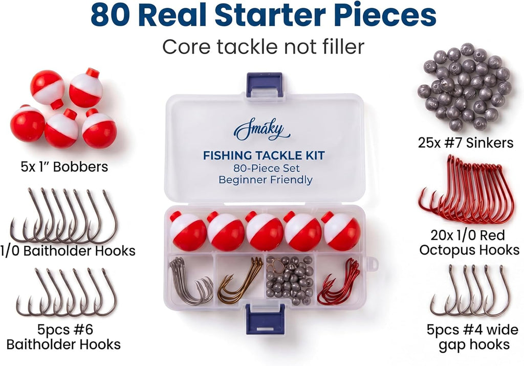 Fishing Tackle Kit Beginners Equipment 80 Pcs-Includes Fishing Hooks Bobbers Circle Octopus Hooks Sinkers| Starter Kit for Artificial and Live Baits (80-Pcs)