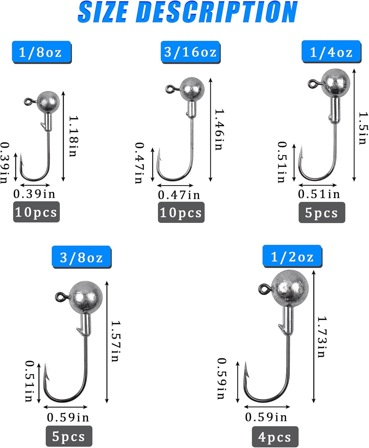 Jig Heads Fishing Hooks Set,Unpainted Jig Heads round Ball Crappie Jigs Sharp Swimbait Jig Heads for Bass Trout Crappie Walleye Saltwater Freshwater Fishing