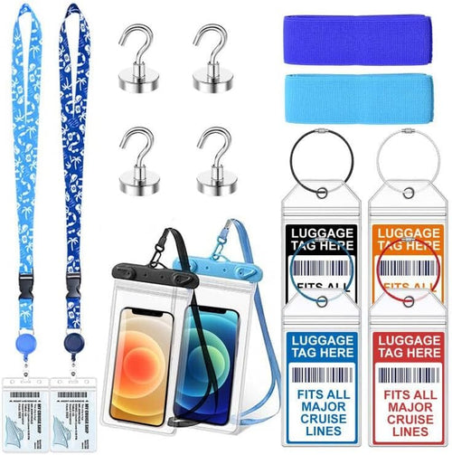 14 Pcs Carnival Cruise Essentials Kit Include Retractable Lanyards for Ship Card, Luggage Tags Holder, Towel Bands, Waterproof Phone Pouch, Magnetic Hook for Carnival, NCL, MSC, Costa 2026-2027