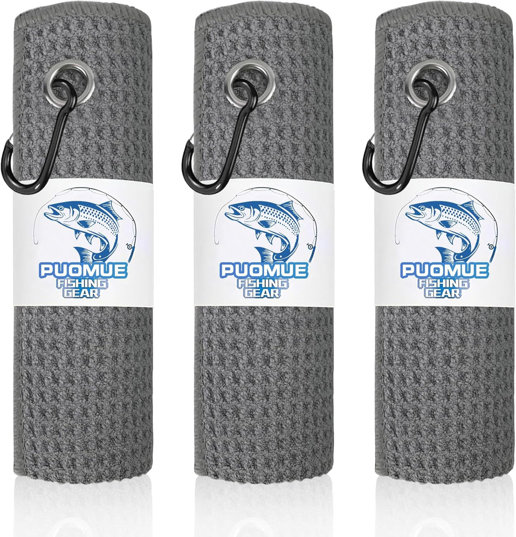 3 Pack Microfiber Fishing Towels with Clip, 16" X 16", Waffle Pattern for Effective Cleaning of Fishing Gears or Dirty Hands, Perfect for Camping Towels and Hiking Towles (Grey, 16"X16")
