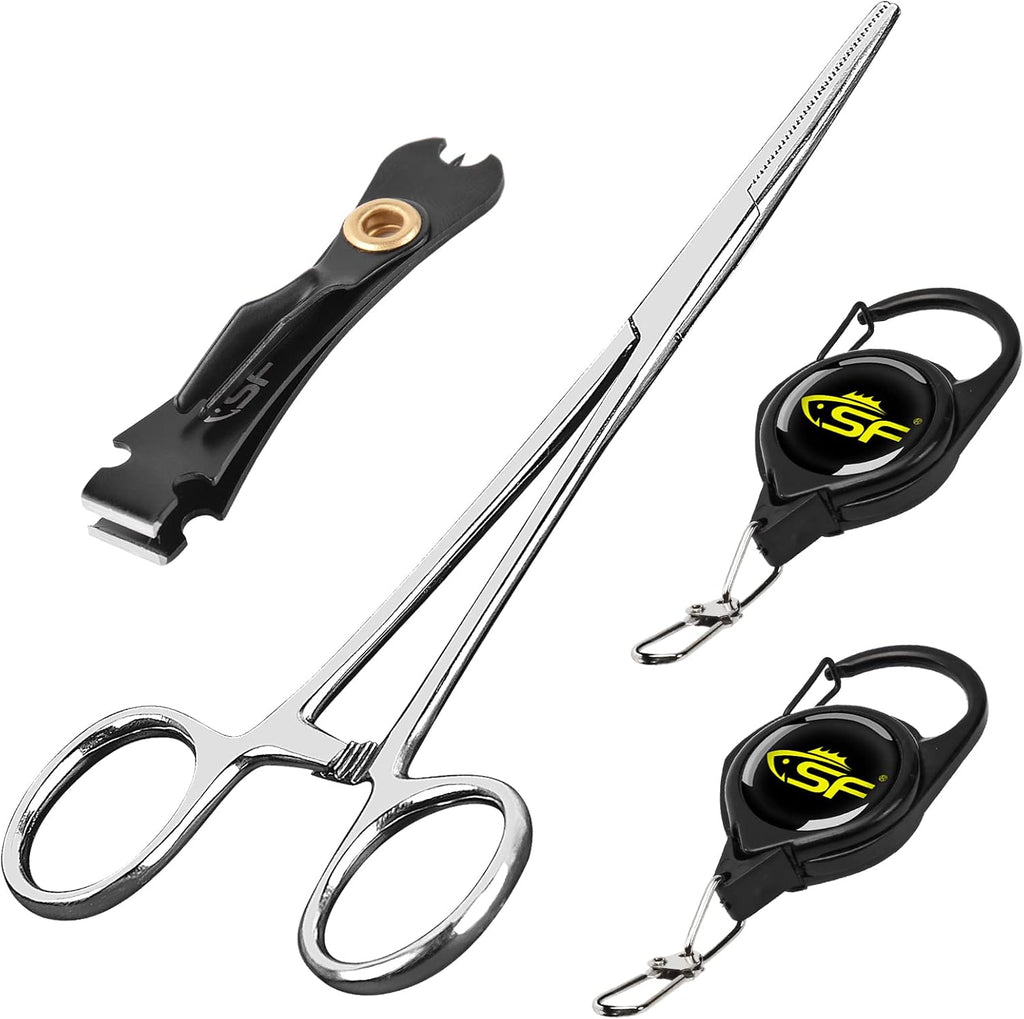 Fly Fishing Tools Kit Includes a Fishing Knot Tool and Line Clipper, Zinger Retractor and Hook Remover Forceps.