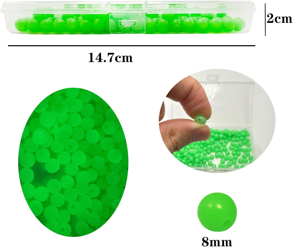 200Pcs 8Mm Glow Soft Plastic round Beads - Rubber Soft Beads Fishing Lures Accessories Box - Green Fishing Bait Eggs