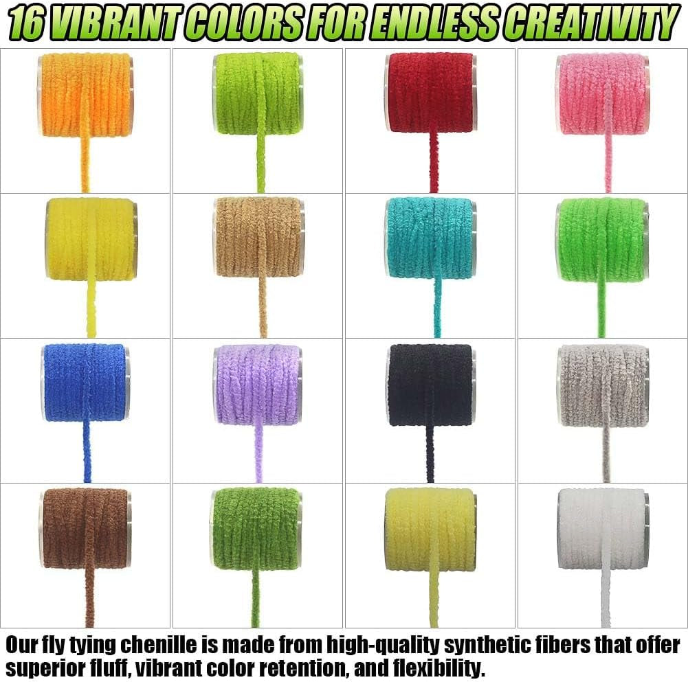 Chenille Fly Tying Materials 16-Color Kit Fly Tying Supplies for Crappie Jigs, Wooly Buggers, Streamers