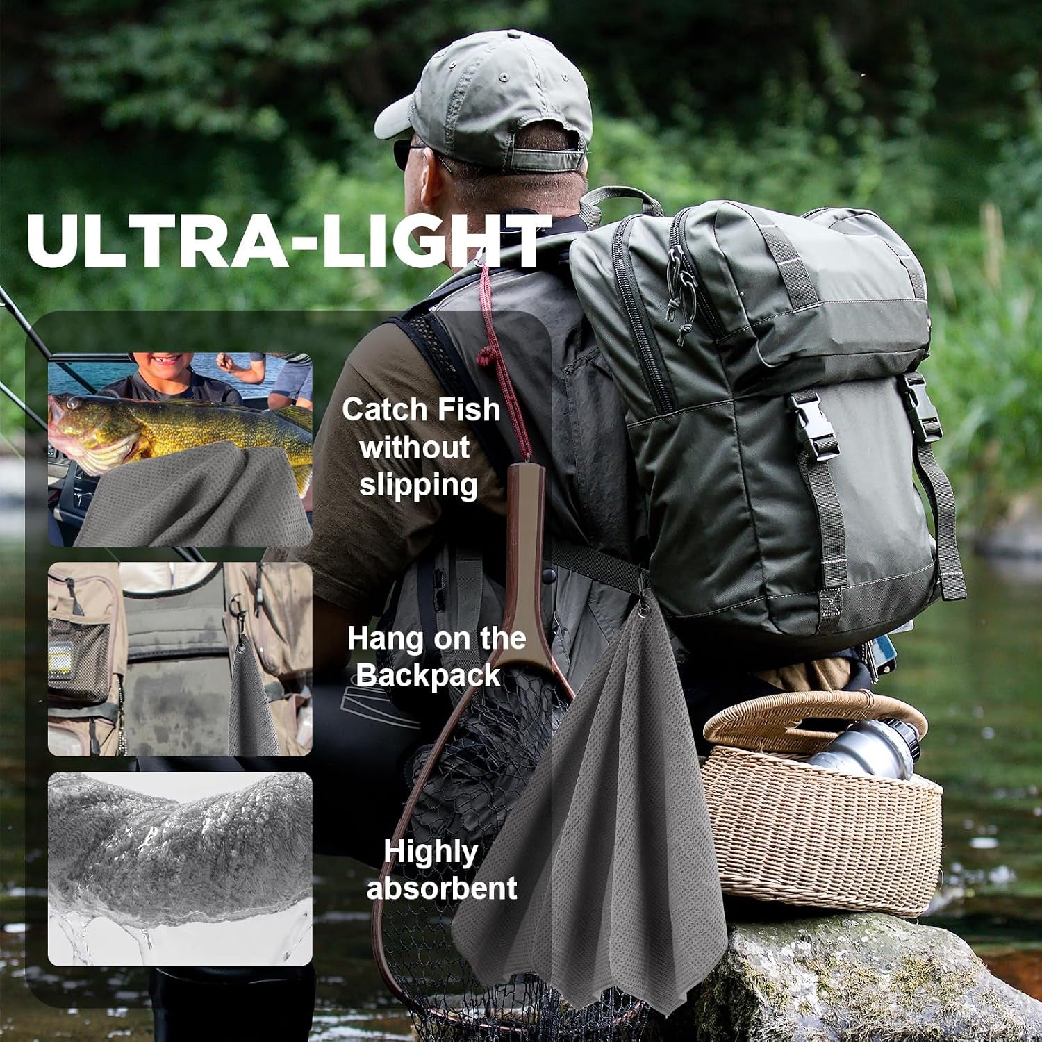 3 Pack Microfiber Fishing Towels with Clip, 16" X 16", Waffle Pattern for Effective Cleaning of Fishing Gears or Dirty Hands, Perfect for Camping Towels and Hiking Towles (Grey, 16"X16")