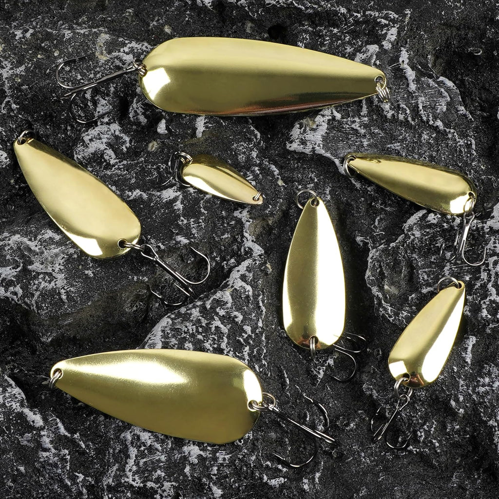 Fishing Spoons Metal Fishing Lures Kit, 5Pcs Gold Metal Jigging Trout Lures Casting Trolling Spoon with with Treble Hooks for Trout Bass Pike Walleye Crappie Bass Salmon