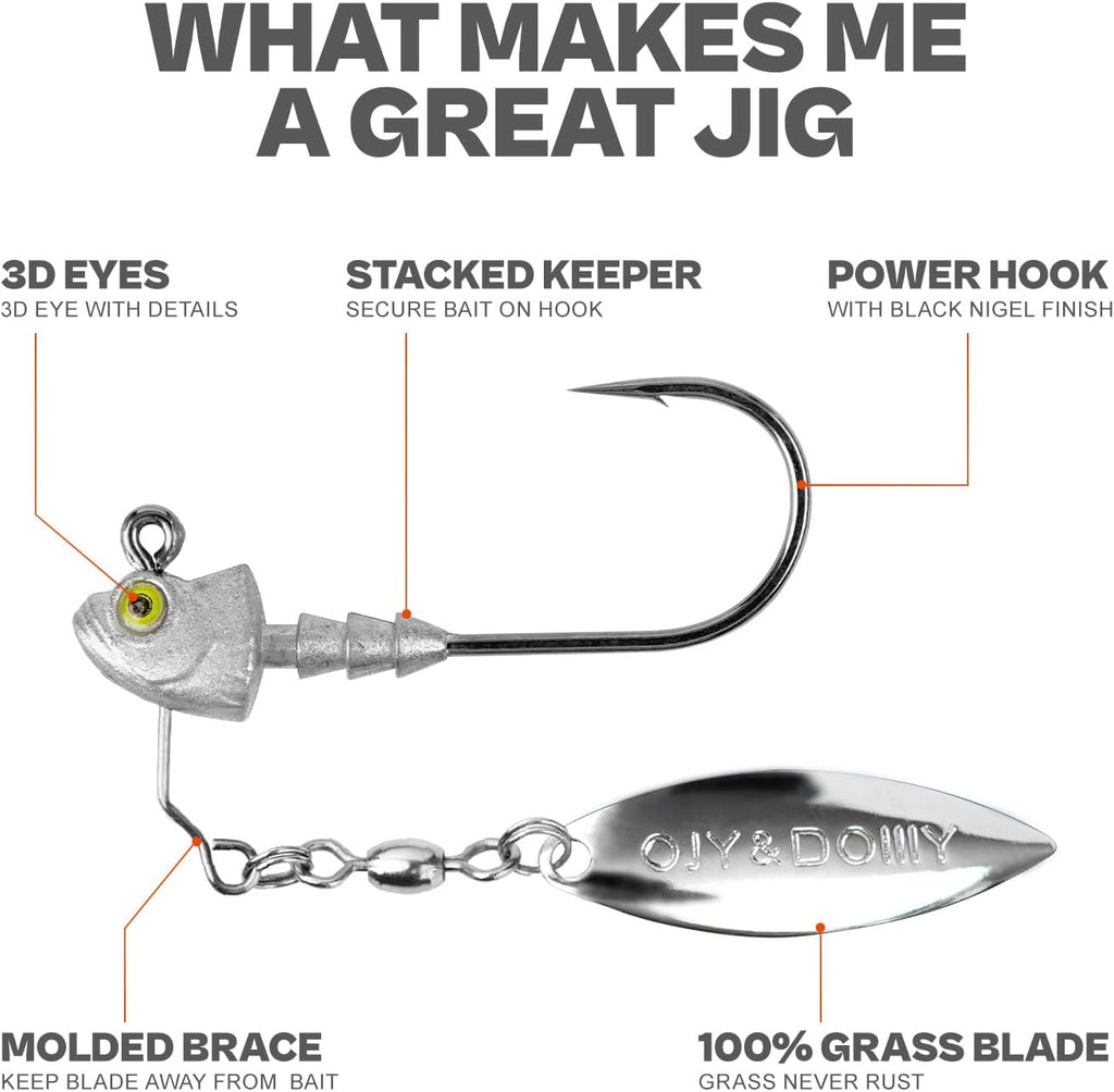 6-Pack Underspin Jig Heads with 100% Brass Blade (Never Rust) - 3/16Oz, 1/4Oz, 3/8Oz, 1/2Oz - Bass & Saltwater Fishing