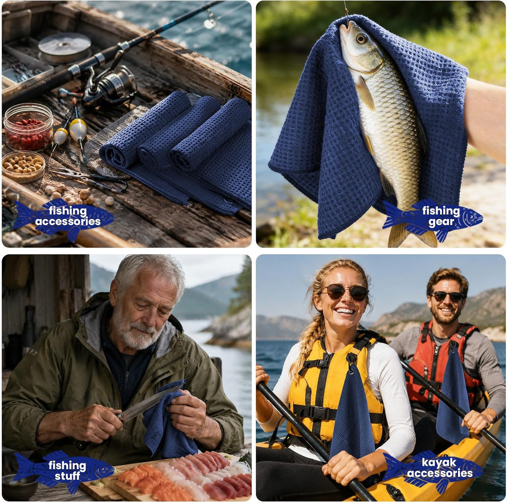 3 Pack Microfiber Fishing Towels with Clip, 16" X 16", Waffle Pattern for Effective Cleaning of Fishing Gears or Dirty Hands, Perfect for Camping Towels and Hiking Towles (Blue, 16"X16")
