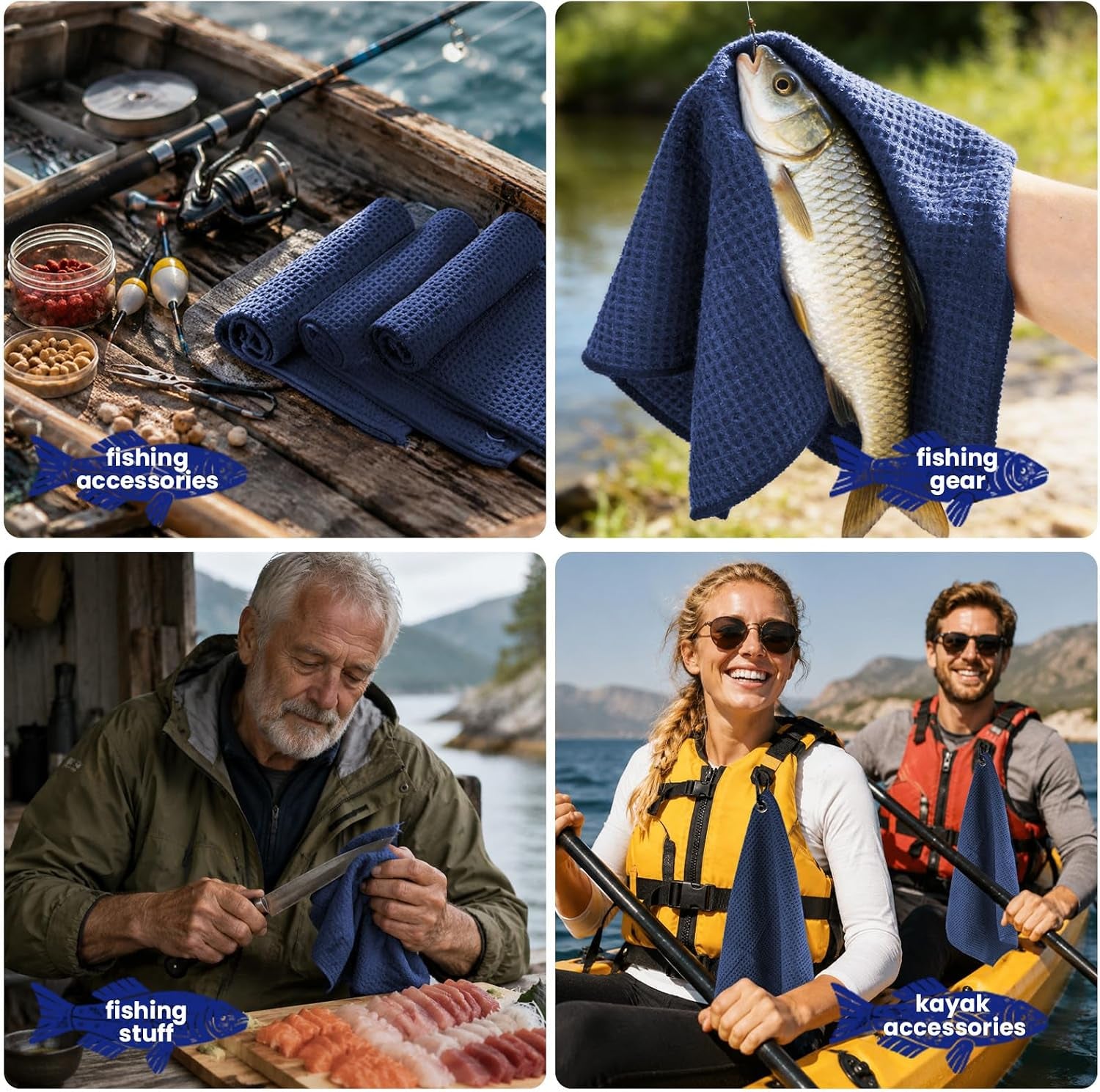 3 Pack Microfiber Fishing Towels with Clip, 16" X 16", Waffle Pattern for Effective Cleaning of Fishing Gears or Dirty Hands, Perfect for Camping Towels and Hiking Towles (Blue, 16"X16")