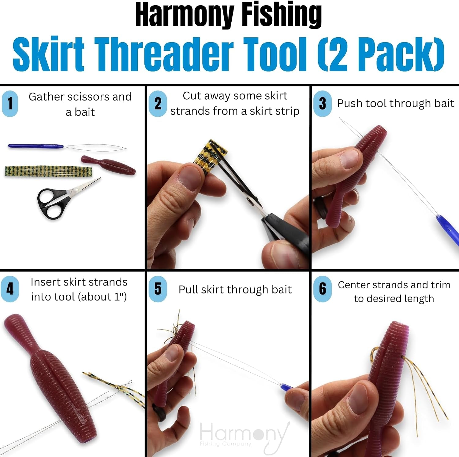 Harmony Fishing – Skirt Threader Tool (2-Pack + 8 Silicone Skirts) - Create Custom Fuzzy Dice Style Bass Baits