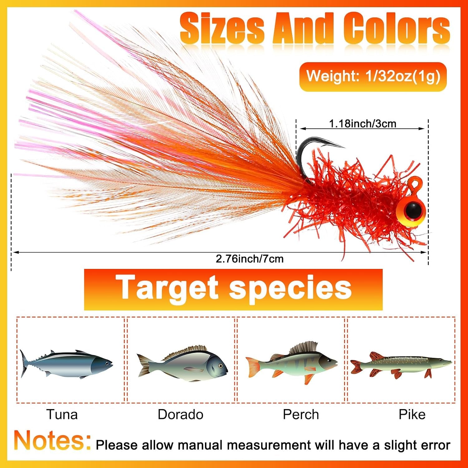 60 Pcs Crappie Jigs Marabou Jig Heads with Feather Hand Tied Marabou Fishing Hair Jigs Rainbow Fishing Lures Kit for Panfish Sunfish Walleye, 1/32 Oz