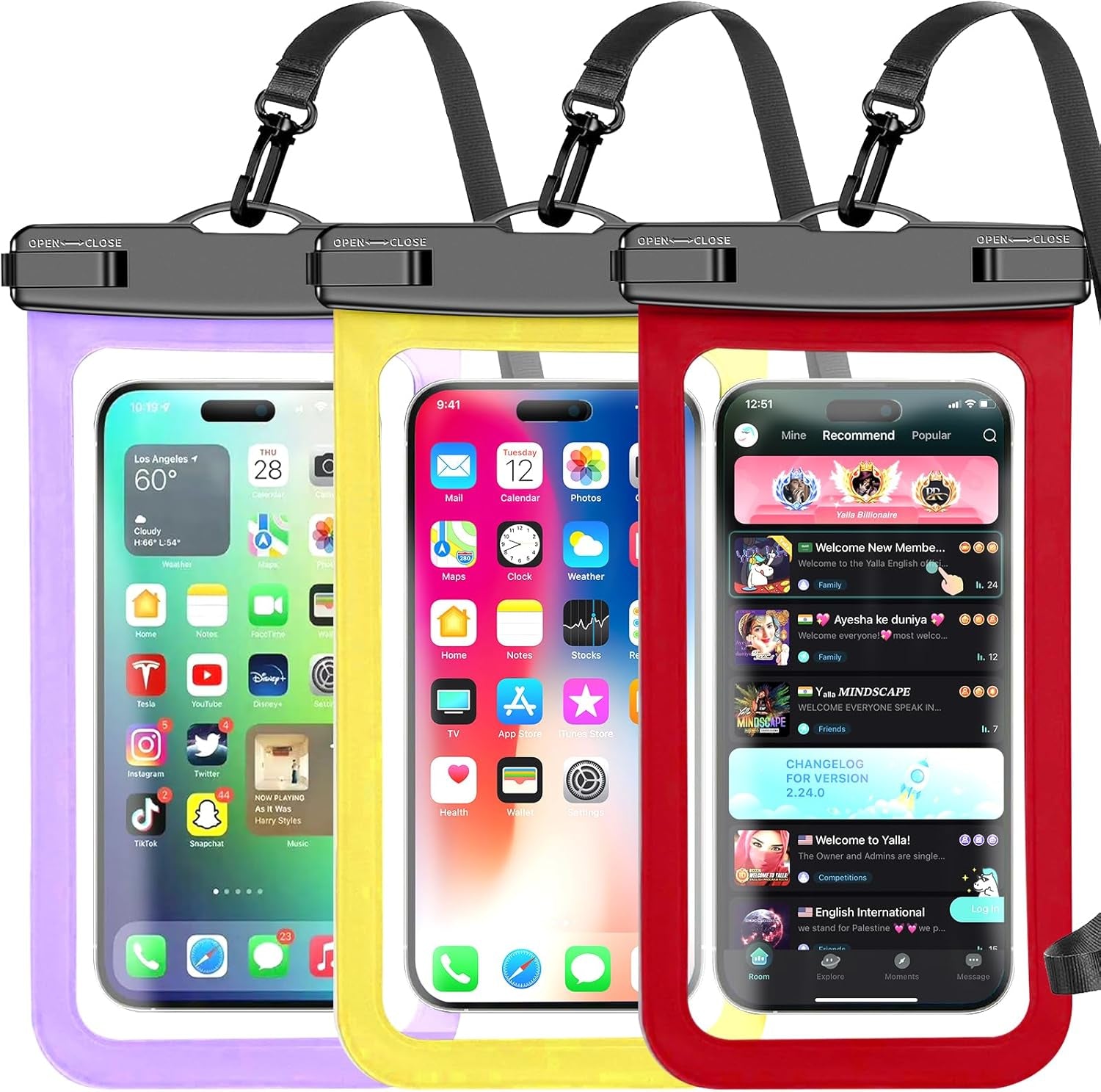 Waterproof Phone Pouch,3 Pack Multicolor Cell Phone Waterproof Case Dry Bag,Protection Level: Ip68,Beach Cruise for Apple Iphone,Samsung,And More,Lanyard Included,(Fits up to 8.3”),Red,Purple,Yellow