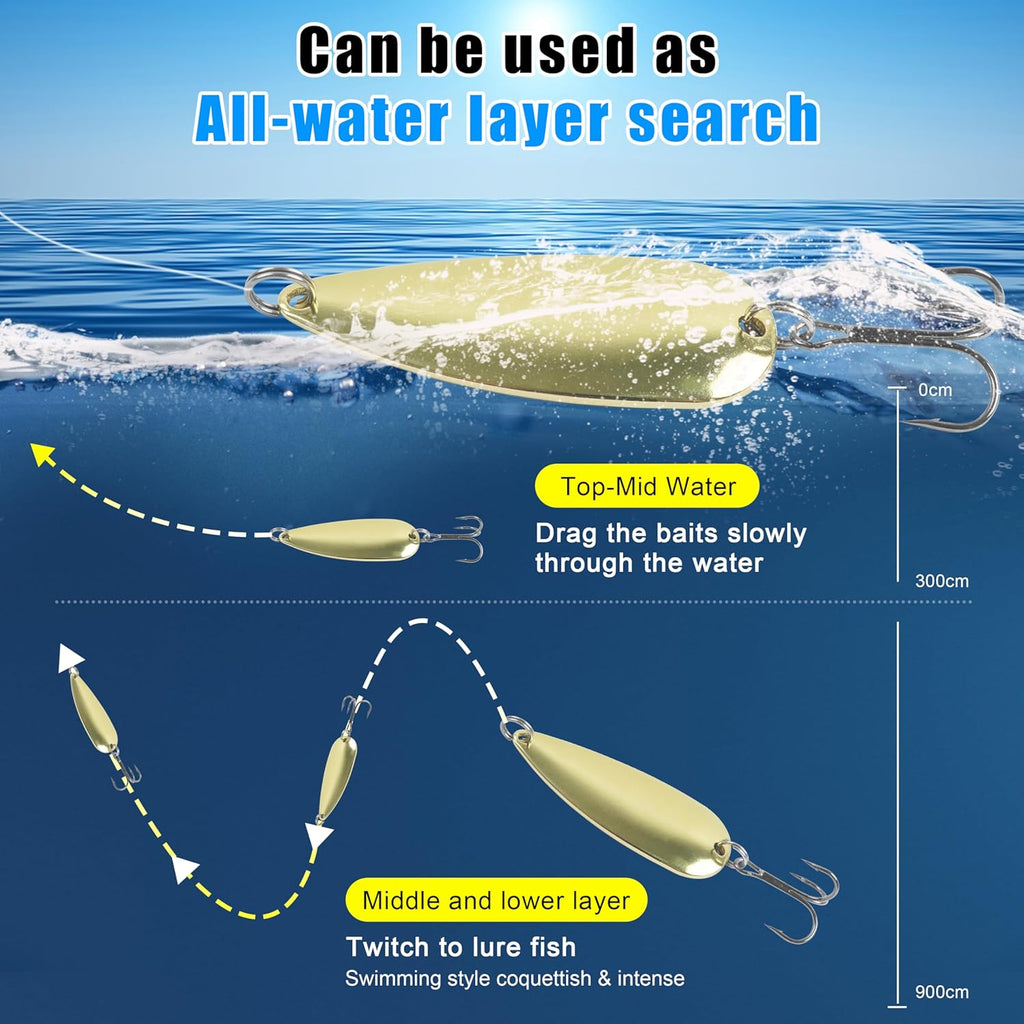 Fishing Spoons Metal Fishing Lures Kit, 5Pcs Gold Metal Jigging Trout Lures Casting Trolling Spoon with with Treble Hooks for Trout Bass Pike Walleye Crappie Bass Salmon