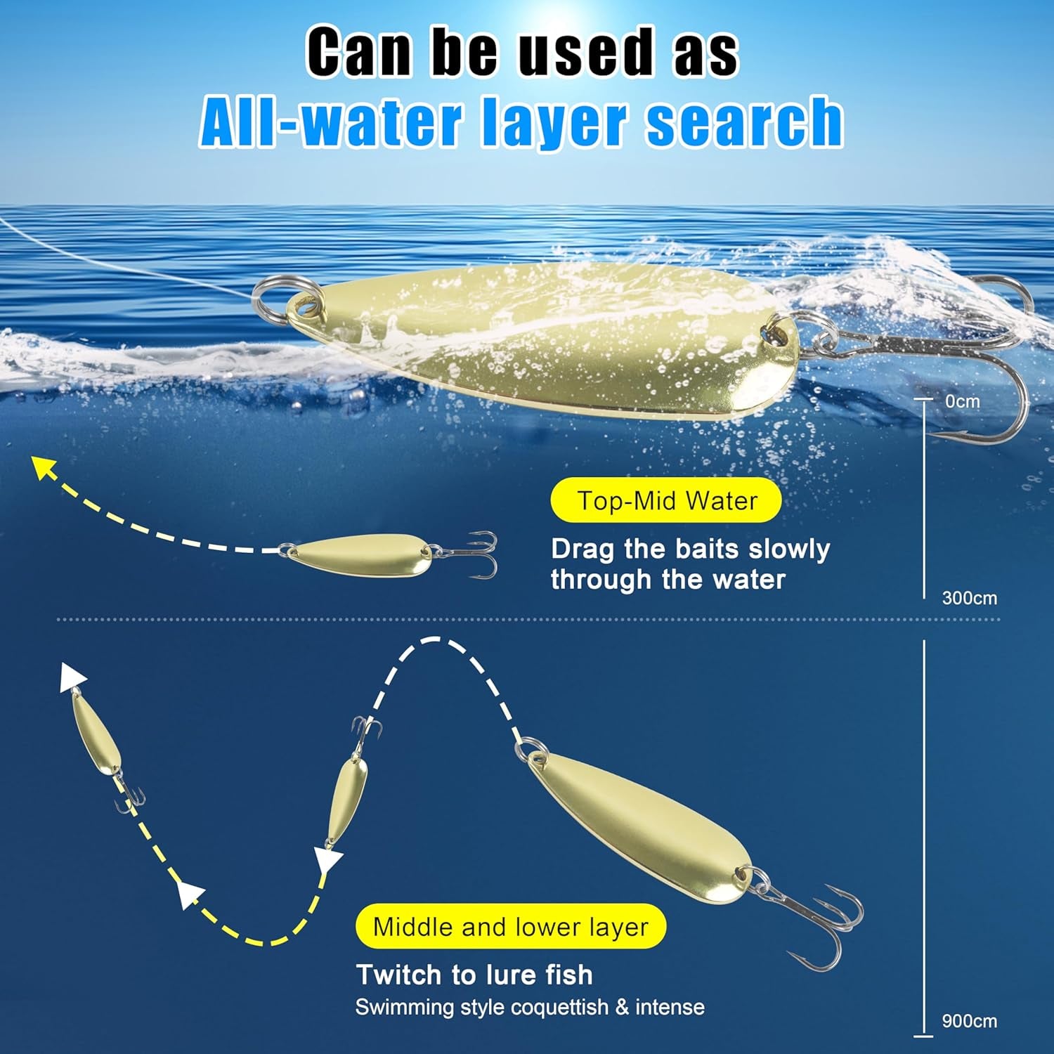 Fishing Spoons Metal Fishing Lures Kit, 5Pcs Gold Metal Jigging Trout Lures Casting Trolling Spoon with with Treble Hooks for Trout Bass Pike Walleye Crappie Bass Salmon