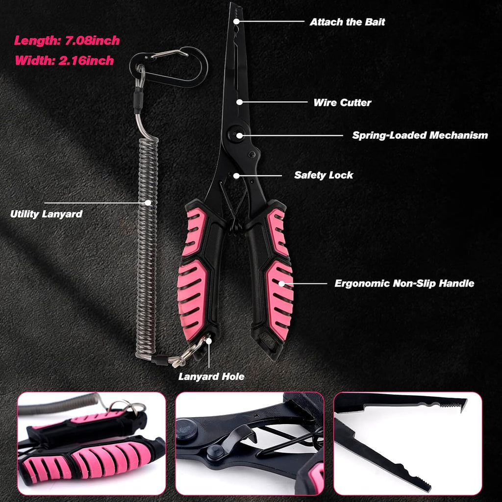 Pink Fishing Tool Set, 9 Modes Rechargeable LED Headlamp, Long Nose Fishing Pliers, Fish Lip Gripper, Night Fishing Gear Kit Fishing Gift for Men Women